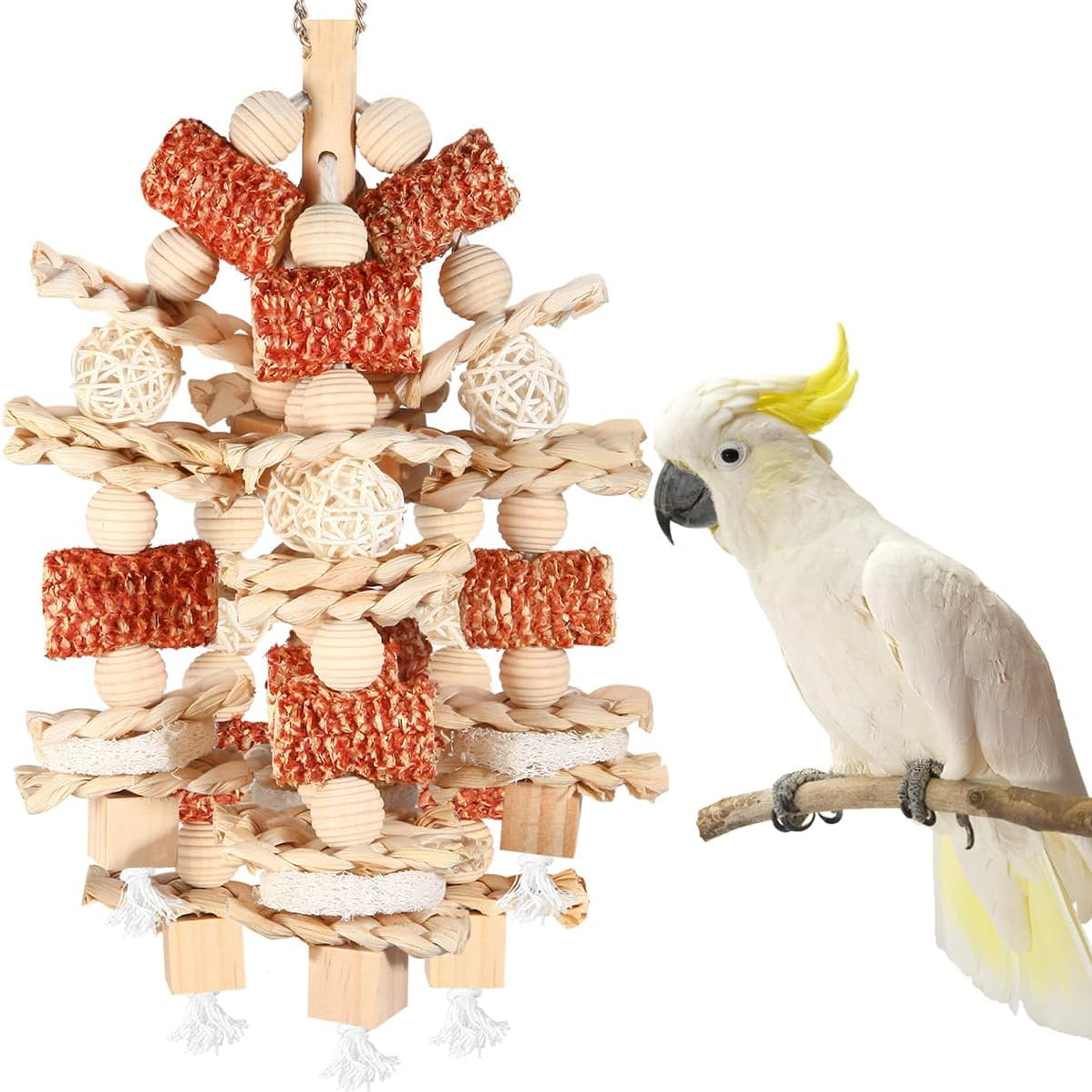 YIXUND Bird Chew Toys | Natural Materials | Handmade for Parrots | Loofah, Corn Cob & Rattan | With Hanging Hook