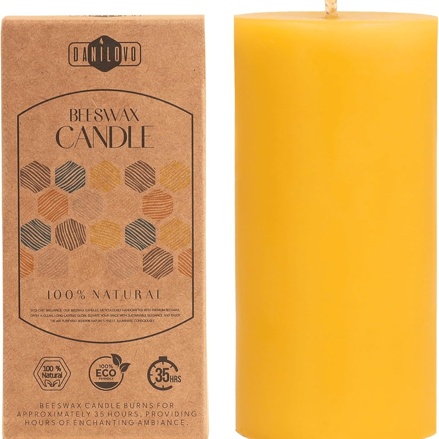 Danilovo 100% Pure Beeswax Candle – 7.5 x 7.5 cm – 50-Hour Burn Time