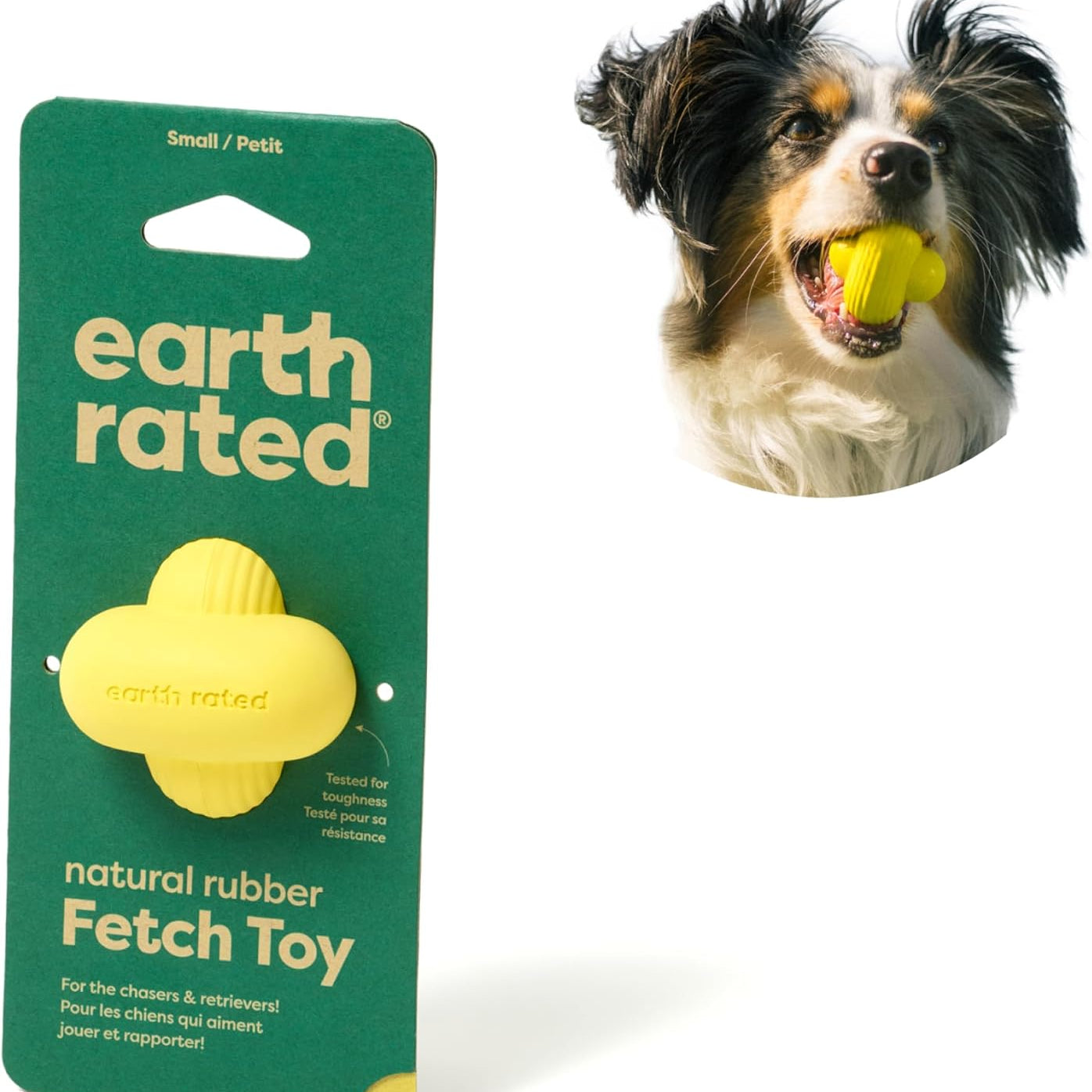 Earth Rated Hondenbal, interactief ophaalspeelgoed voor kleine, middelgrote en grote rassen, verkrijgbaar in meerdere maten, gemaakt van natuurlijk rubber, perfect voor binnen en buiten, klein, geel