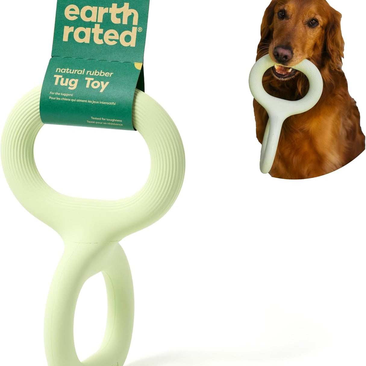 Earth Rated Tug of War hondenspeelgoed, interactief trekspeelgoed voor volwassen en puppyhonden, ergonomische grip, natuurlijk rubber, groot, groen