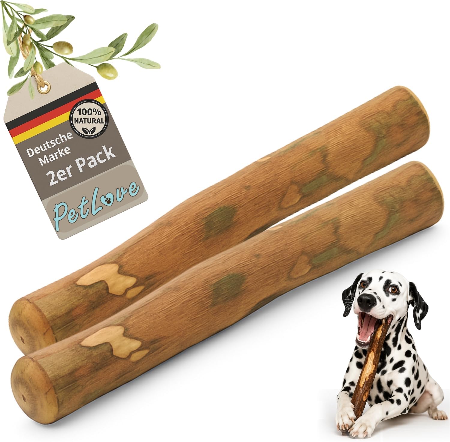 PetLove Kauwhout voor honden van olijfhout • Houten botten als hondenspeelgoed • kauwbotten als tandverzorging en kauwspeelgoed voor honden • Maat: L (221-450g) • Ideaal voor grote honden • Set van 2