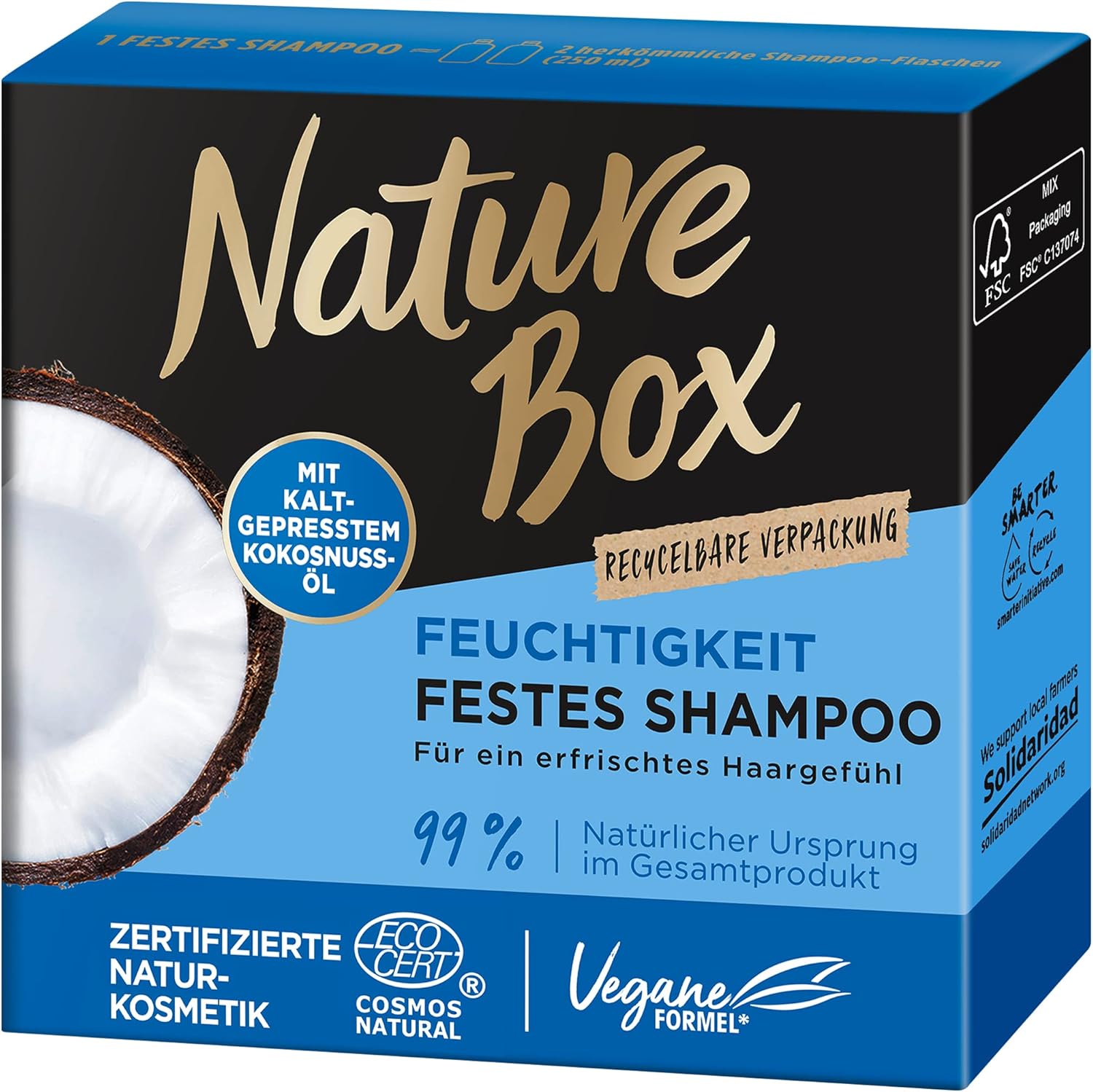 Nature Box Moisture Resistant Shampoo with Coconut Oil, Natural Cosmetics, Vegan, 250 ml, Pack of 1 (1 x 85 g)
