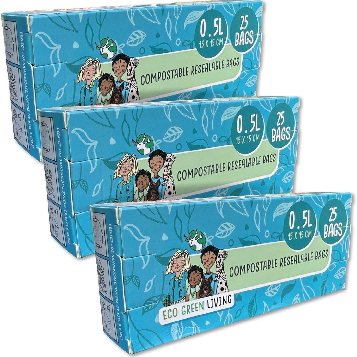 Eco Green Living Composteerbare Grote Hersluitbare Zakken met Ritssluiting Voor Voedsel en Opslag, 15 Zakken, 2,5 Liter, 25 cm x 25 cm 2 Stuks