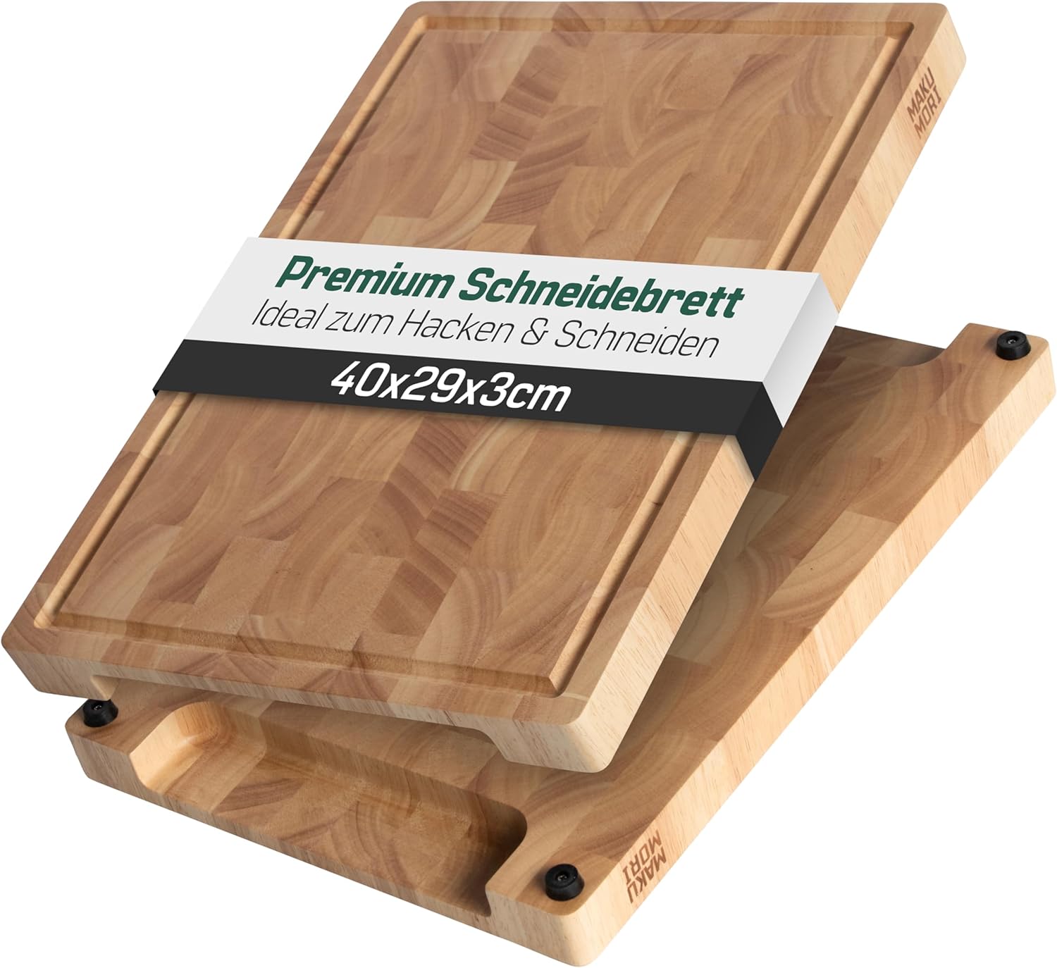 MAKUMORI Premium End Grain Cutting Board – FSC® Carbonized Acacia with Juice Groove, Handles & Non-Slip Feet (40 × 29 × 3 cm)