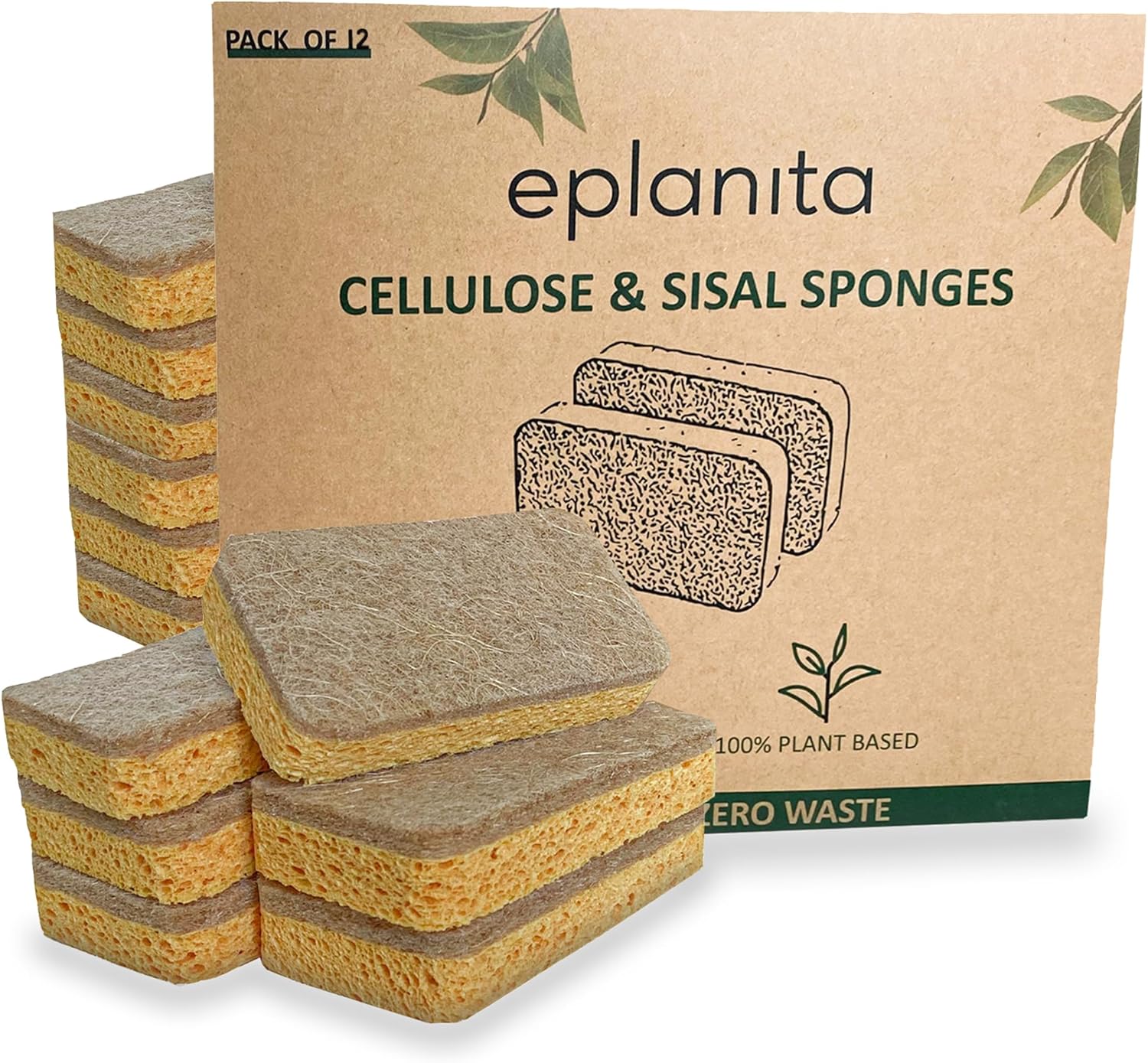 🧽 eplanita Natural Scrub Sponges| Cellulose & Sisal | Plastic-Free, Compostable & Non-Scratch