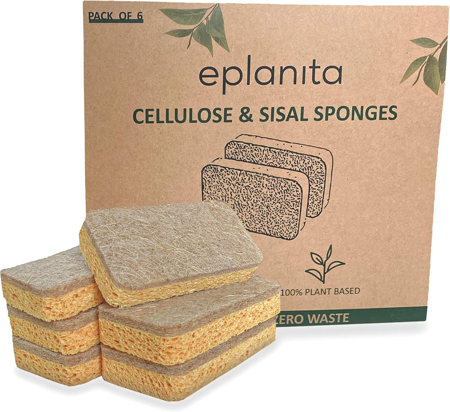 🧽 eplanita Natural Scrub Sponges| Cellulose & Sisal | Plastic-Free, Compostable & Non-Scratch