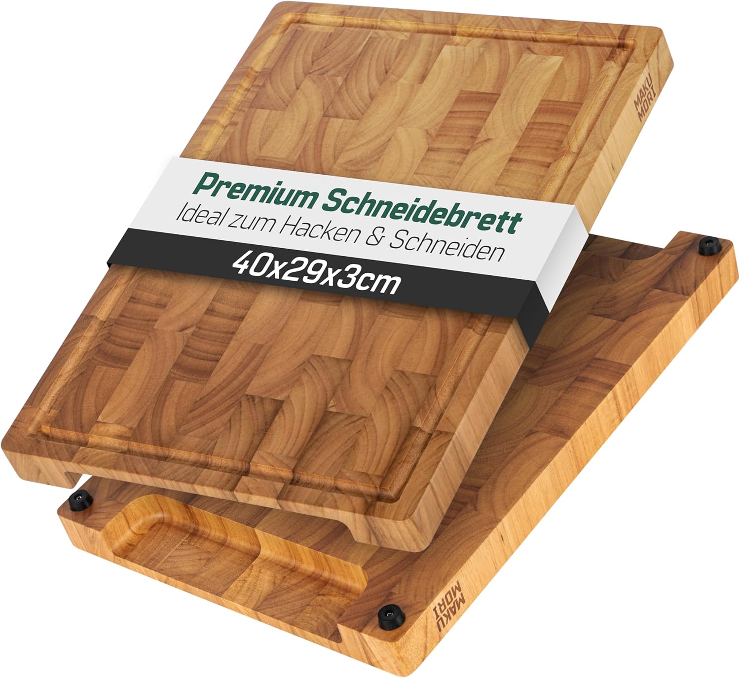 MAKUMORI Premium End Grain Cutting Board – FSC® Carbonized Acacia with Juice Groove, Handles & Non-Slip Feet (40 × 29 × 3 cm)