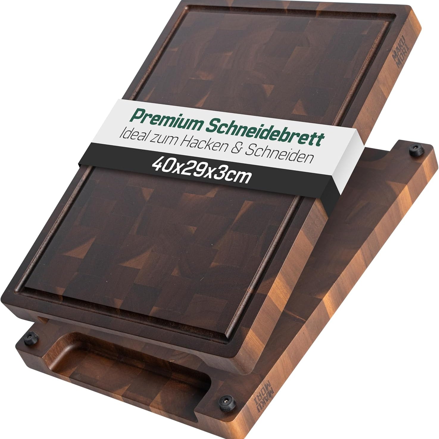 MAKUMORI Premium End Grain Cutting Board – FSC® Carbonized Acacia with Juice Groove, Handles & Non-Slip Feet (40 × 29 × 3 cm)
