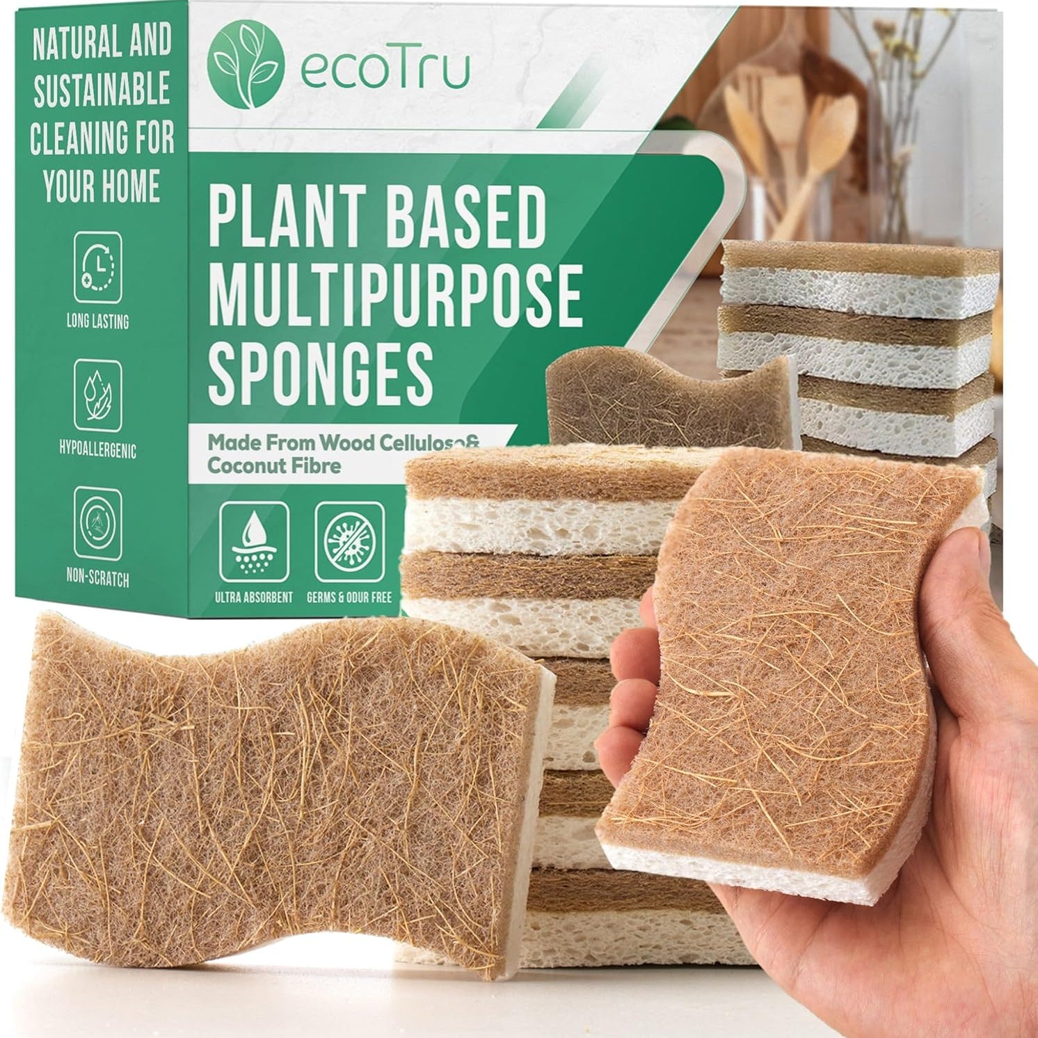 🧽 ecoTru Natural Scrub Sponges | Cellulose & Coconut Fibre | Plastic-Free, Compostable & Non-Scratch